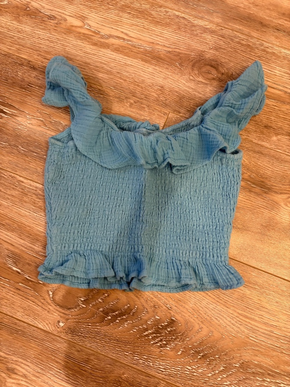 American Eagle Outfitters Seafoam Blue Smocked Ruffle off-Shoulder Tank